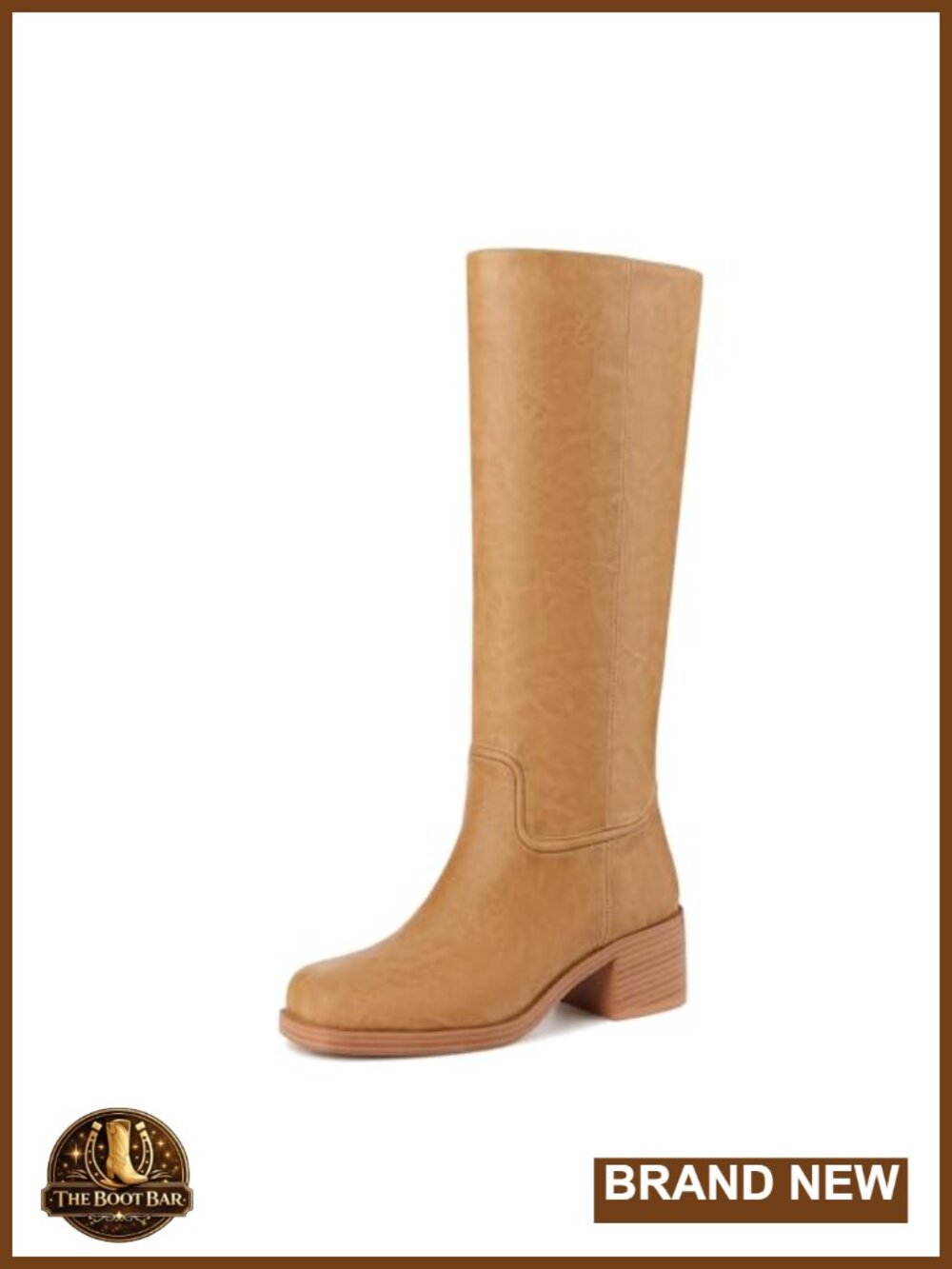 Women's Chunky Block Heel Knee High Boots Square Toe Pull On Faux Leather Brown - Picture 3 of 6